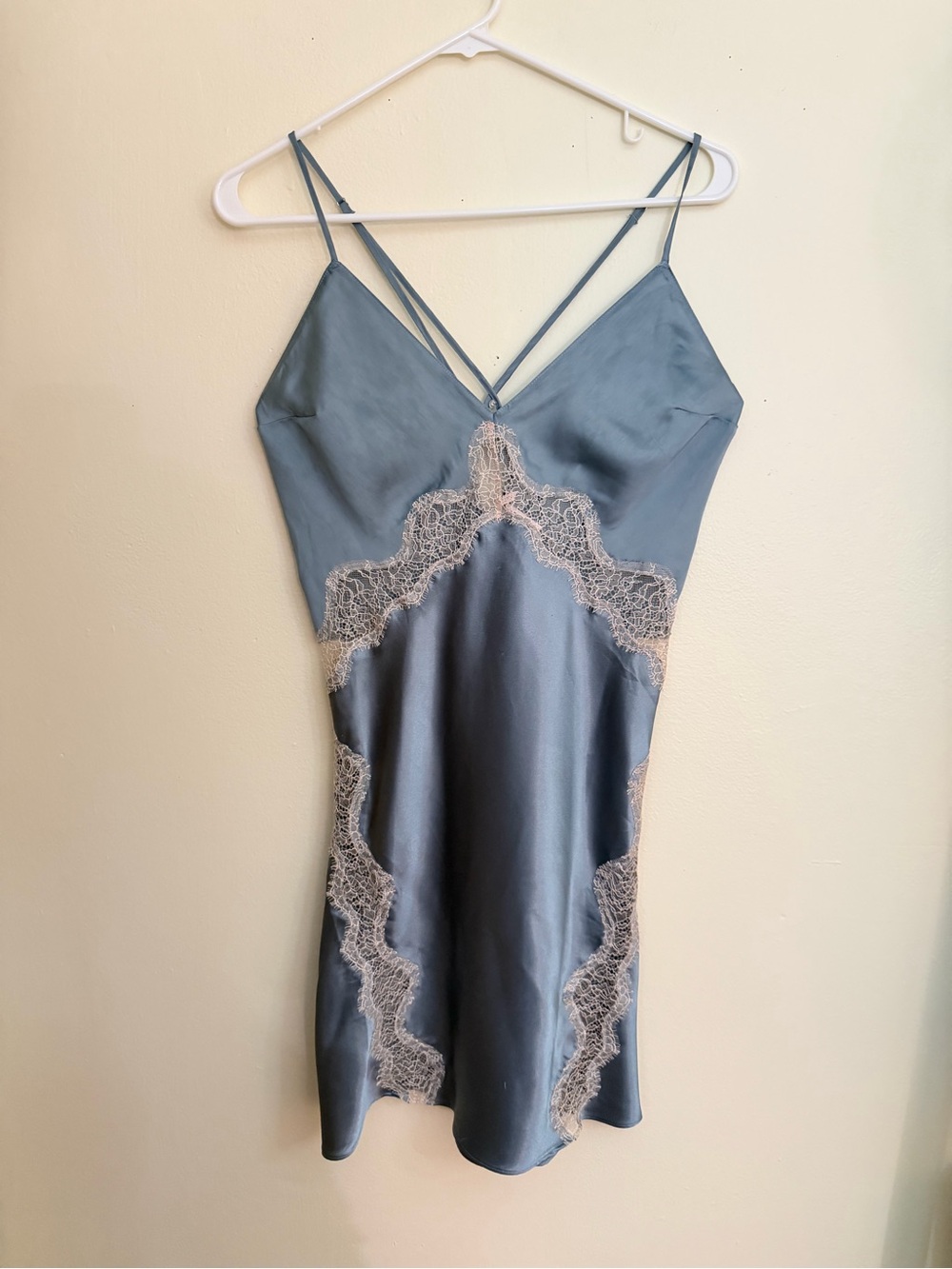 Victoria's Secret Dusty Blue Satin Slip with Cream Lace